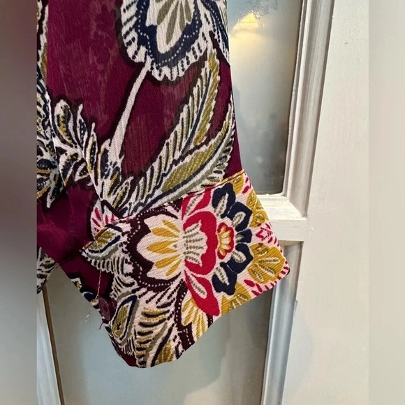Banana Republic | Burgundy Wine Sheer Floral Bohemian Long Sleeve Blouse Size L - Picture 6 of 10
